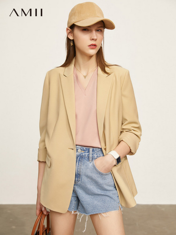 Amii Minimalism Ανοιξιάτικο Νέο Γυναικείο κοστούμι Offical Lady Solid Lapel Blazer Γυναικείο παντελόνι Causal ψηλόμεσο 12130081