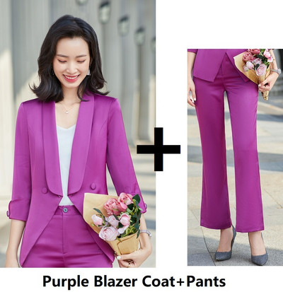 Sieviešu biroja eleganti purpursarkana formāla sieviešu biznesa kostīmi profesionālie OL 2021 pavasara vasaras bleizeri darba apģērba bikšu komplekts