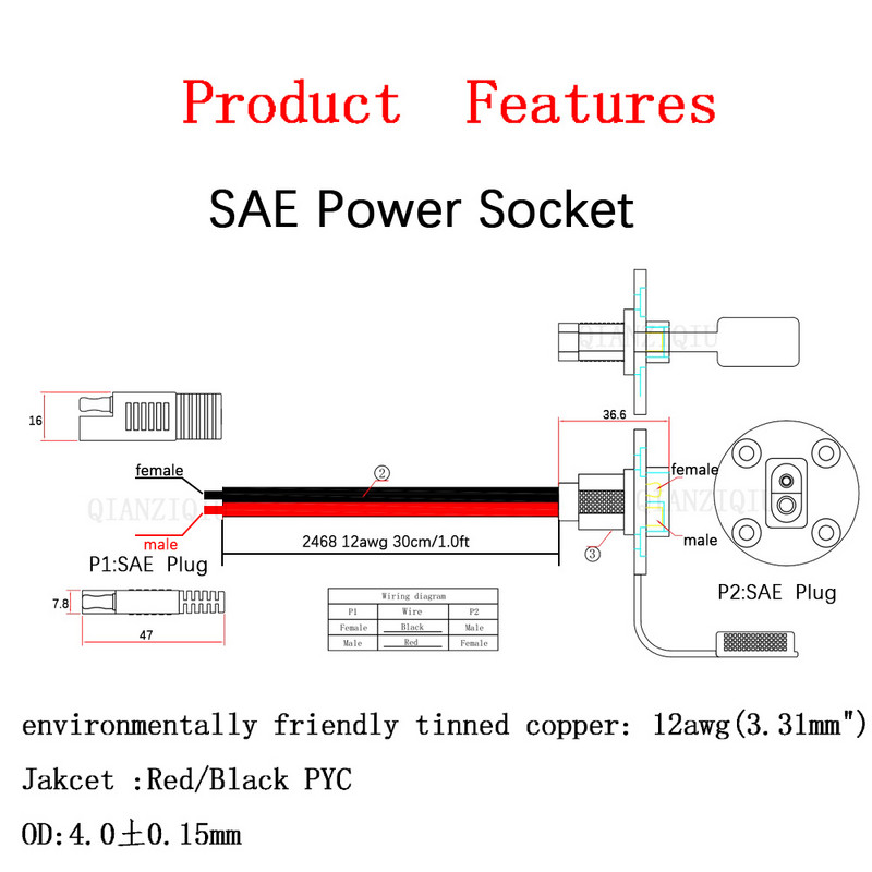 Solar Weatherproof SAE Socket Sidewall Port, SAE Quick Cable Connect Solar Panel Mount for Motorcycle Generator Battery Charger