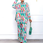 Costum casual pentru femei africane de mărime mare 2022, la modă nouă, cămașă și pantaloni cu mâneci lungi imprimate, set 2 piese