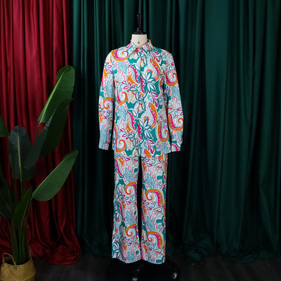 Costum casual pentru femei africane de mărime mare 2022, la modă nouă, cămașă și pantaloni cu mâneci lungi imprimate, set 2 piese