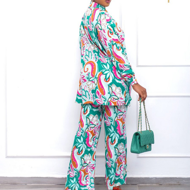 Costum casual pentru femei africane de mărime mare 2022, la modă nouă, cămașă și pantaloni cu mâneci lungi imprimate, set 2 piese