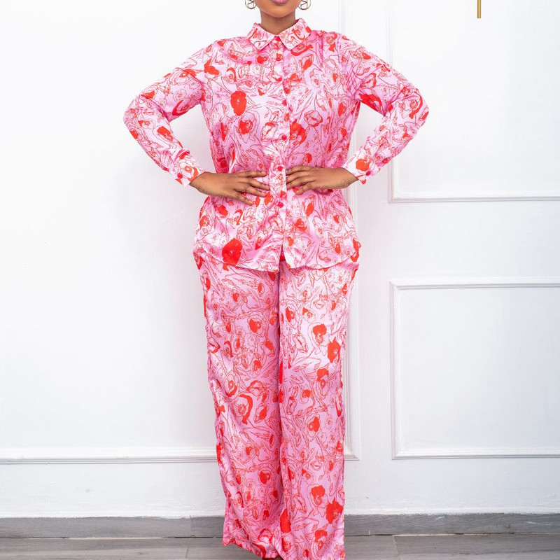 Costum casual pentru femei africane de mărime mare 2022, la modă nouă, cămașă și pantaloni cu mâneci lungi imprimate, set 2 piese
