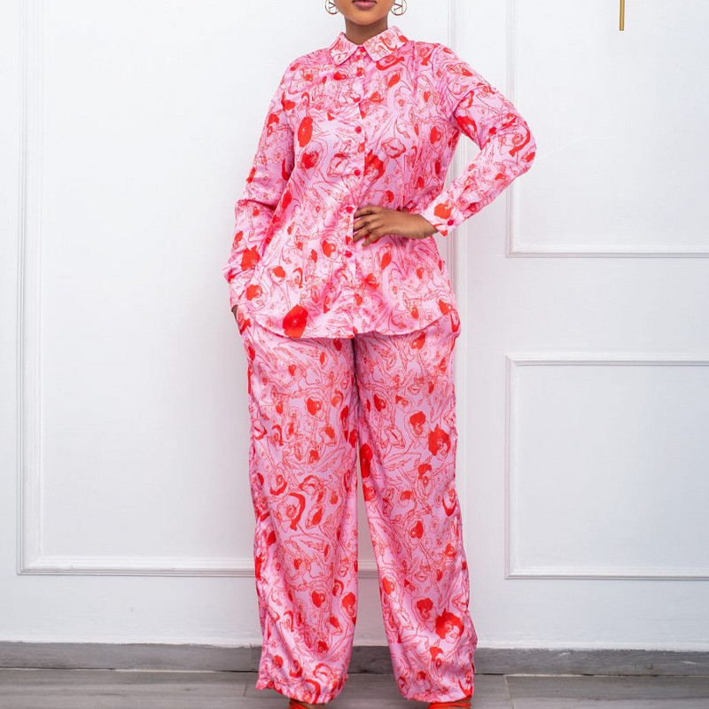 Costum casual pentru femei africane de mărime mare 2022, la modă nouă, cămașă și pantaloni cu mâneci lungi imprimate, set 2 piese