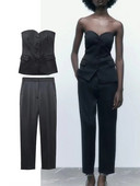 Γυναικεία TRAF Σετ 2 τεμαχίων Blazer Fashion με ριγέ μπλούζες με ρουχαλό, μπουστάκι + παντελόνι Κοστούμια Μόδα Επίσημα γυναικεία κοστούμια