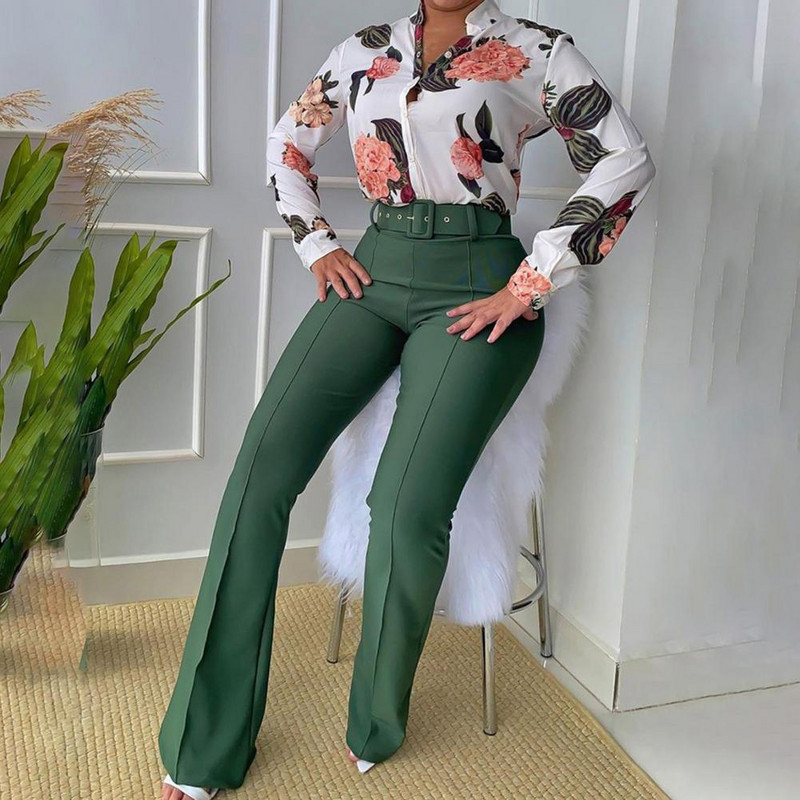 2 bucăți/set cămașă pentru femei cu imprimare florală costum cu talie elastică set cămașă pantaloni evazați set de primăvară cu guler în picioare Set cămașă pentru damă pentru birou