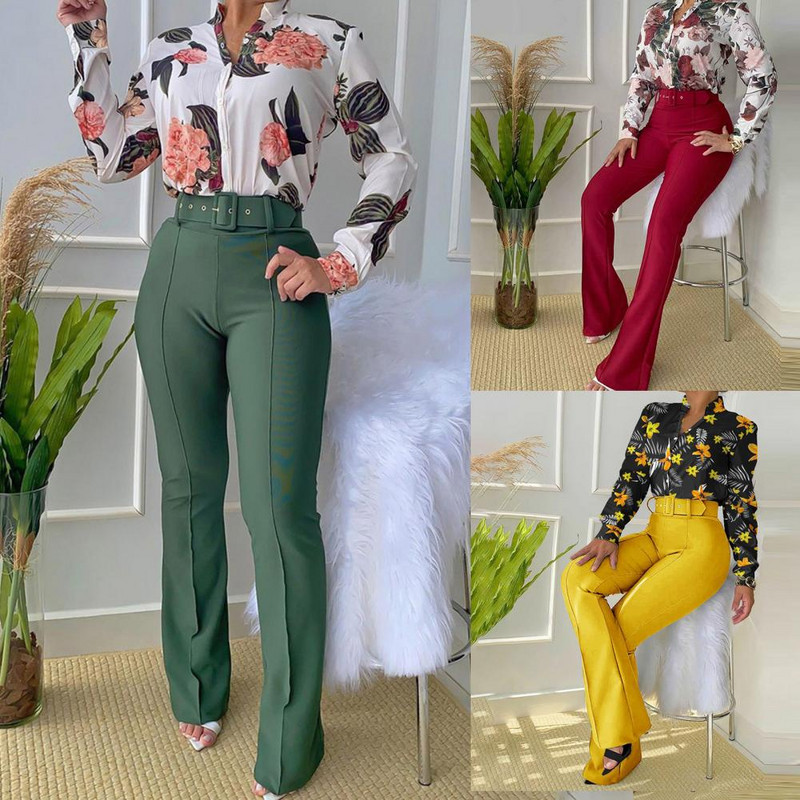 2 bucăți/set cămașă pentru femei cu imprimare florală costum cu talie elastică set cămașă pantaloni evazați set de primăvară cu guler în picioare Set cămașă pentru damă pentru birou