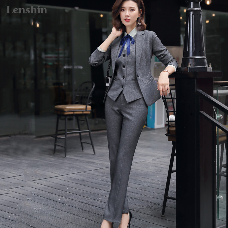 Lenshin Σετ επαγγελματικό κοστούμι 3 τεμαχίων για γυναίκες Γραφείο Lady Απλό Εργατικό Στιλ Γυναικεία κοστούμια παντελόνι Επίσημο παντελόνι γιλέκο σακάκι