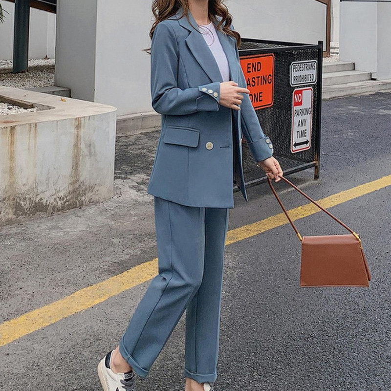 Naiste kevadised elegantsed pükskostüümid pükskostüümid kontori naistele äripüksid ülikond, pikkade varrukatega vabaaja jope + püksid, kaheosaline komplekt