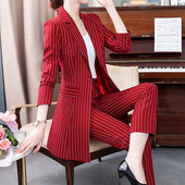 Costum pantalon pentru dama de toamnă Office pentru damă, cu dungi Business, clasic, blazer lung și set de pantaloni creion, costume formale din două piese