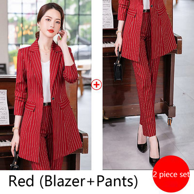 Costum pantalon pentru dama de toamnă Office pentru damă, cu dungi Business, clasic, blazer lung și set de pantaloni creion, costume formale din două piese