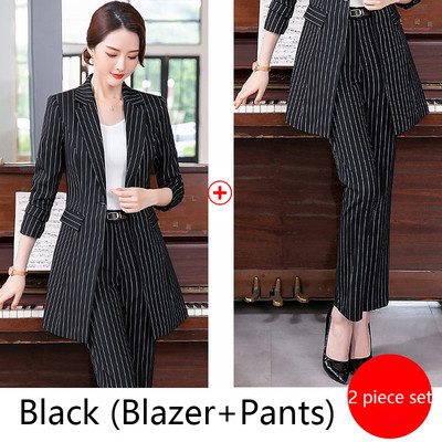 Costum pantalon pentru dama de toamnă Office pentru damă, cu dungi Business, clasic, blazer lung și set de pantaloni creion, costume formale din două piese