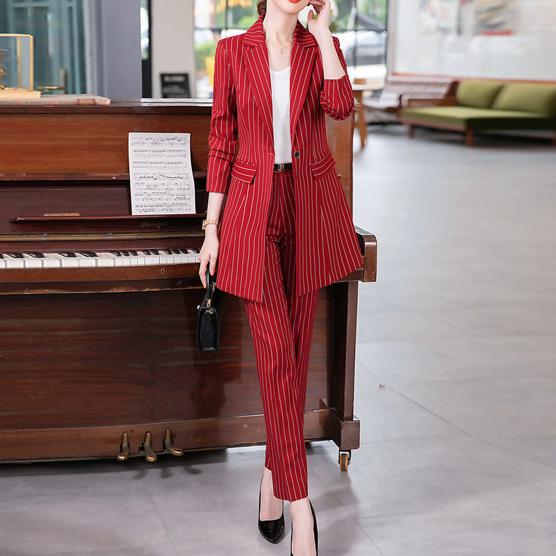 Costum pantalon pentru dama de toamnă Office pentru damă, cu dungi Business, clasic, blazer lung și set de pantaloni creion, costume formale din două piese
