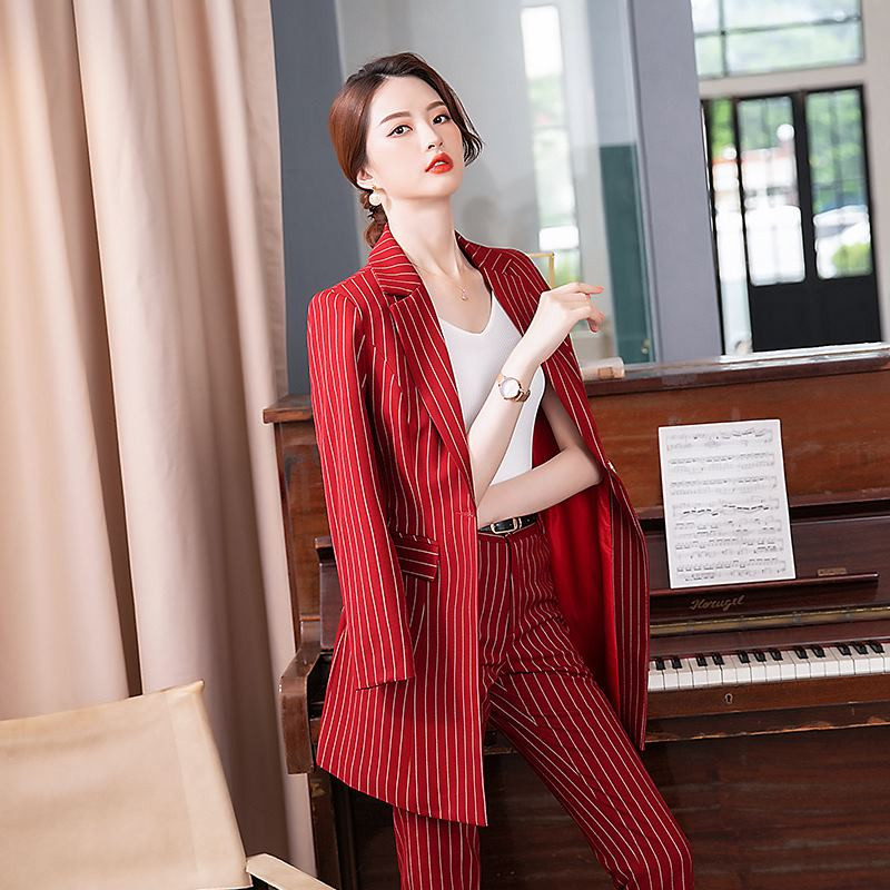 Costum pantalon pentru dama de toamnă Office pentru damă, cu dungi Business, clasic, blazer lung și set de pantaloni creion, costume formale din două piese