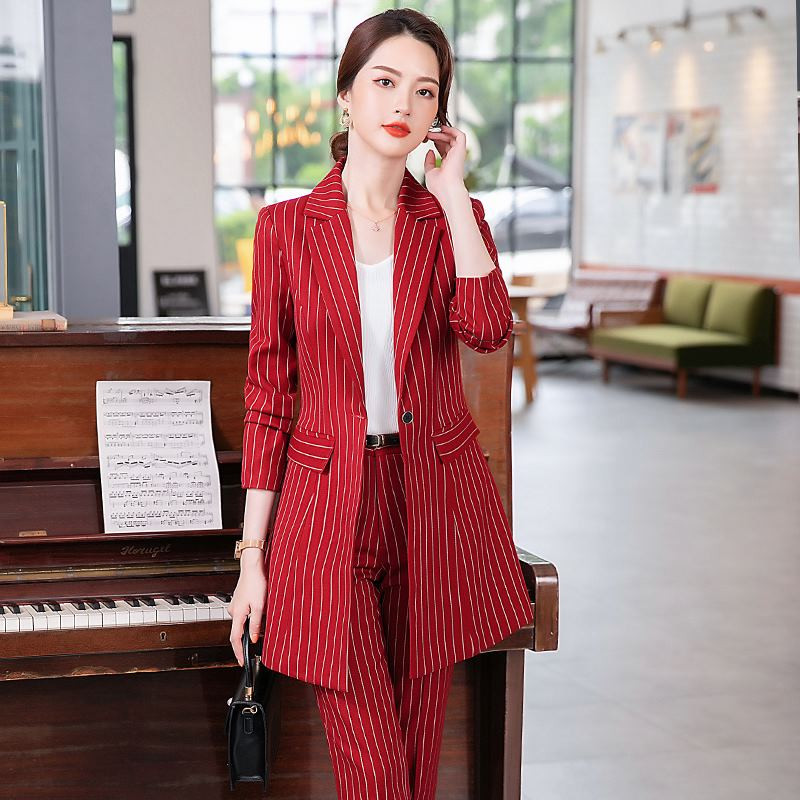 Costum pantalon pentru dama de toamnă Office pentru damă, cu dungi Business, clasic, blazer lung și set de pantaloni creion, costume formale din două piese