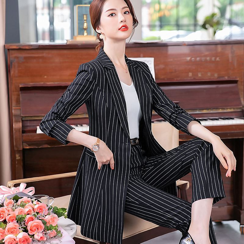 Costum pantalon pentru dama de toamnă Office pentru damă, cu dungi Business, clasic, blazer lung și set de pantaloni creion, costume formale din două piese