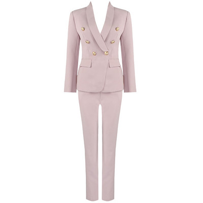 Costum cu pantaloni roz roșu pentru femei Business, auriu, cu dublu piept, pantaloni blazer, set de două piese, costume formale