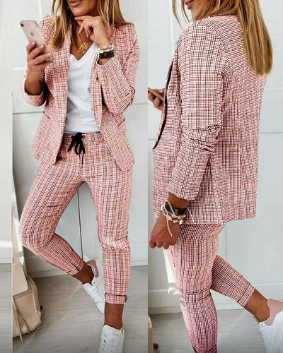 Primăvară Toamnă Nou 2 buc. Jachete pentru femei în carouri Set cardigan Blazer cu mânecă lungă Paltoane + Pantaloni casual Ninth Ținute sport slim Fit