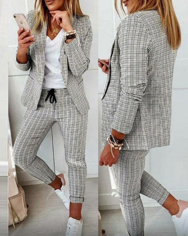 Primăvară Toamnă Nou 2 buc. Jachete pentru femei în carouri Set cardigan Blazer cu mânecă lungă Paltoane + Pantaloni casual Ninth Ținute sport slim Fit