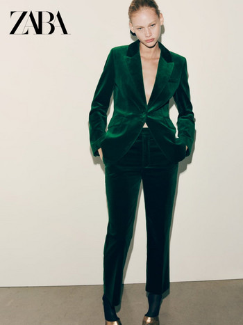 ZA Γυναικείο Φθινοπωρινό Χειμώνα Νέο Γυναικείο κοστούμι με μονό κουμπί διακοσμημένο βελούδινο σακάκι σακάκι ψηλόμεσο βελούδινο ίσιο παντελόνι γυναικείο κοστούμι