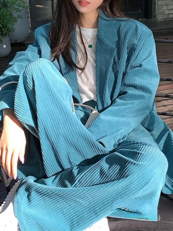 Дамски елегантен костюм от рипсено кадифе Ежедневни винтидж якета Панталони с широки крачоли Комплект от 2 части Женски модни костюми с корейски панталон