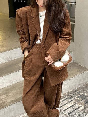 Κομψή γυναικεία κοτλέ κοστούμι σακάκι casual vintage μπουφάν Παντελόνι με φαρδύ πόδι σετ 2 τεμαχίων Γυναικεία μόδα Κορεάτικο παντελόνι