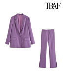 TRAF Blazer la modă pentru femei, cu nasturi în față și cu talie elastică înaltă, pantaloni evazați, seturi de două piese pentru femeie