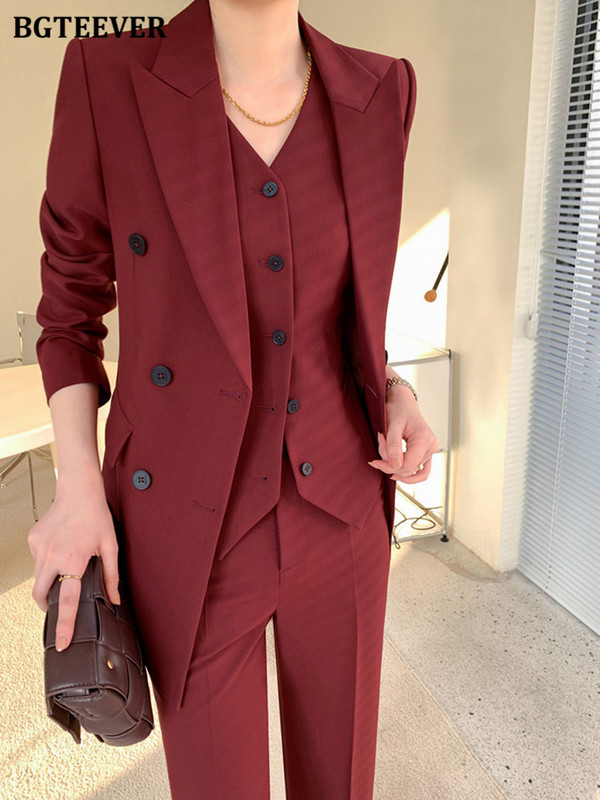 BGTEEVER Elegantsed 3-osalised pükskostüümid Naiste kaherealine bleiser ja V-kaelusega vestid ja laia säärega pikad püksid, naiste kontorirõivad