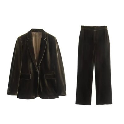 TRAF 2023 Femeie 2 Piese Seturi Fashion catifea Blazer cu un singur buton Blazer Topuri + Pantaloni cu talie înaltă Drapei Seturi Cauzale de Toamnă