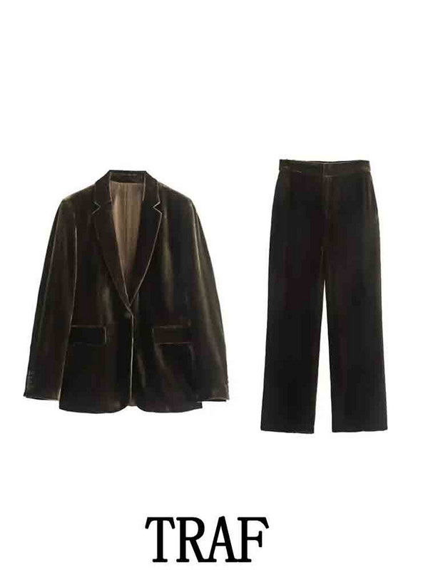 TRAF 2023 Femeie 2 Piese Seturi Fashion catifea Blazer cu un singur buton Blazer Topuri + Pantaloni cu talie înaltă Drapei Seturi Cauzale de Toamnă