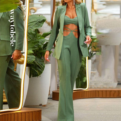 Waytobele Set de două piese pentru femei, decupat sexy, talie deschisă, rever cu un singur buton, blazer solid, top, pantaloni largi, costum, îmbrăcăminte înaltă