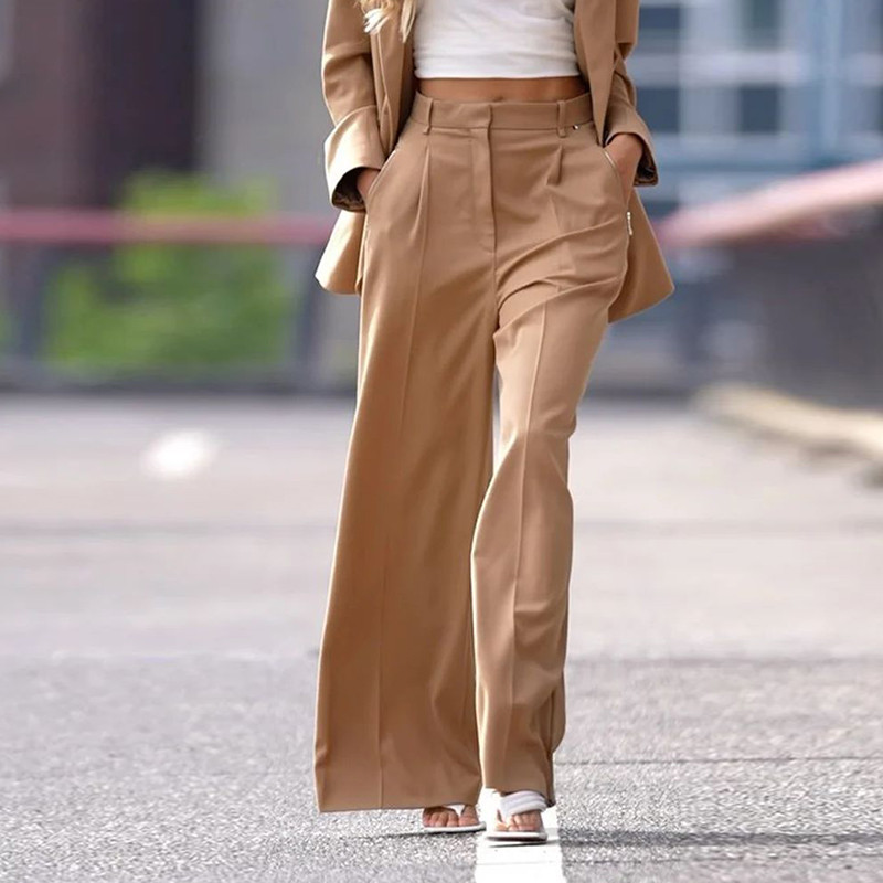 Waytobele Blazer Set Două Piese Femei Moda Toamnă Solid Manecă Lungă Solid Rever Top Largi Cu buzunare Pantaloni High Streetwear