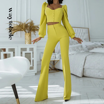 Waytobele Set de două piese pentru femei, la modă, cu decolteu în V, cu mâneci bufante, fermoar, cu talie înaltă, cu buzunare, pantaloni, îmbrăcăminte de stradă