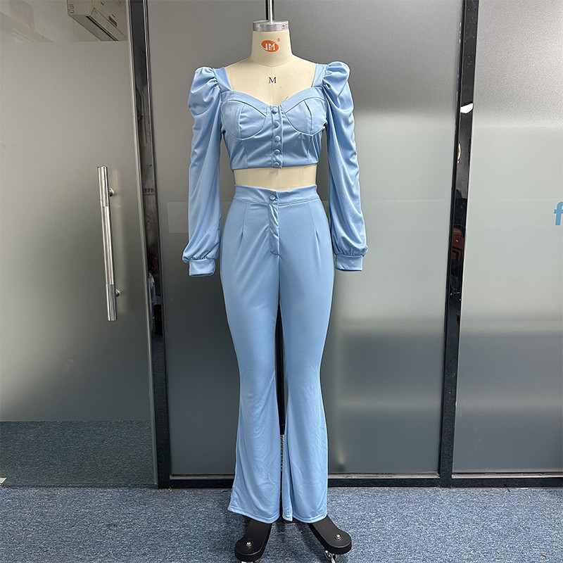 Waytobele Set de două piese pentru femei, la modă, cu decolteu în V, cu mâneci bufante, fermoar, cu talie înaltă, cu buzunare, pantaloni, îmbrăcăminte de stradă