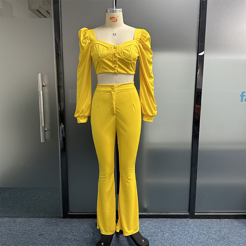 Waytobele Set de două piese pentru femei, la modă, cu decolteu în V, cu mâneci bufante, fermoar, cu talie înaltă, cu buzunare, pantaloni, îmbrăcăminte de stradă