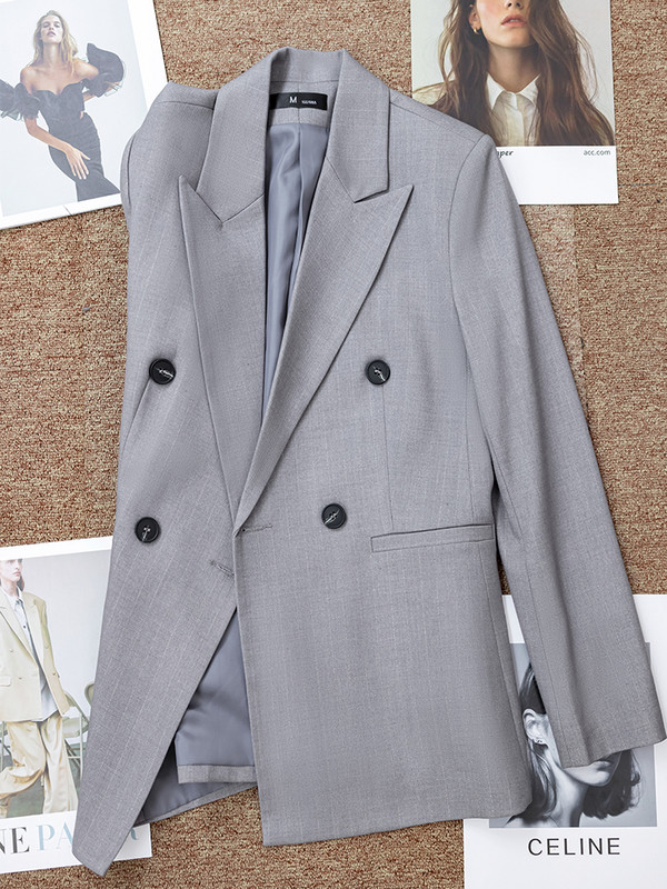 Costum cu pantaloni pentru femei, gri, bleumarin, în dungi, Set formal 2 piese, sacou și pantaloni pentru doamne de birou.