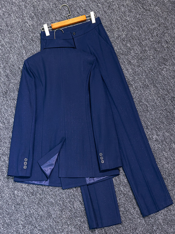 Costum cu pantaloni pentru femei, gri, bleumarin, în dungi, Set formal 2 piese, sacou și pantaloni pentru doamne de birou.