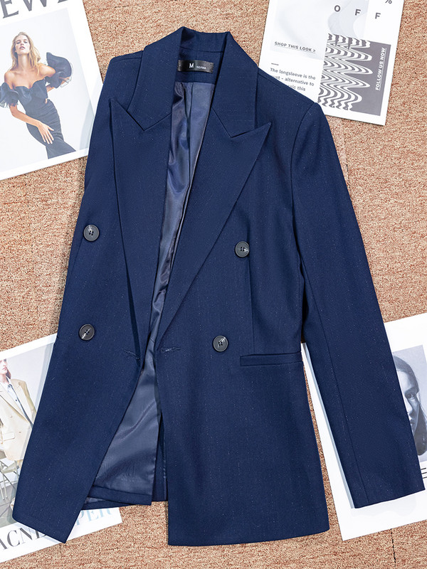 Costum cu pantaloni pentru femei, gri, bleumarin, în dungi, Set formal 2 piese, sacou și pantaloni pentru doamne de birou.