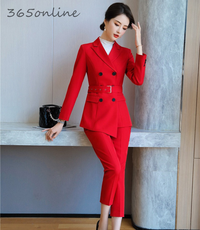 Noutate roșie formale profesioniste costume de afaceri pentru femei cu set 2 piese pantaloni și jachete haine doamne îmbrăcăminte de birou set de blazere