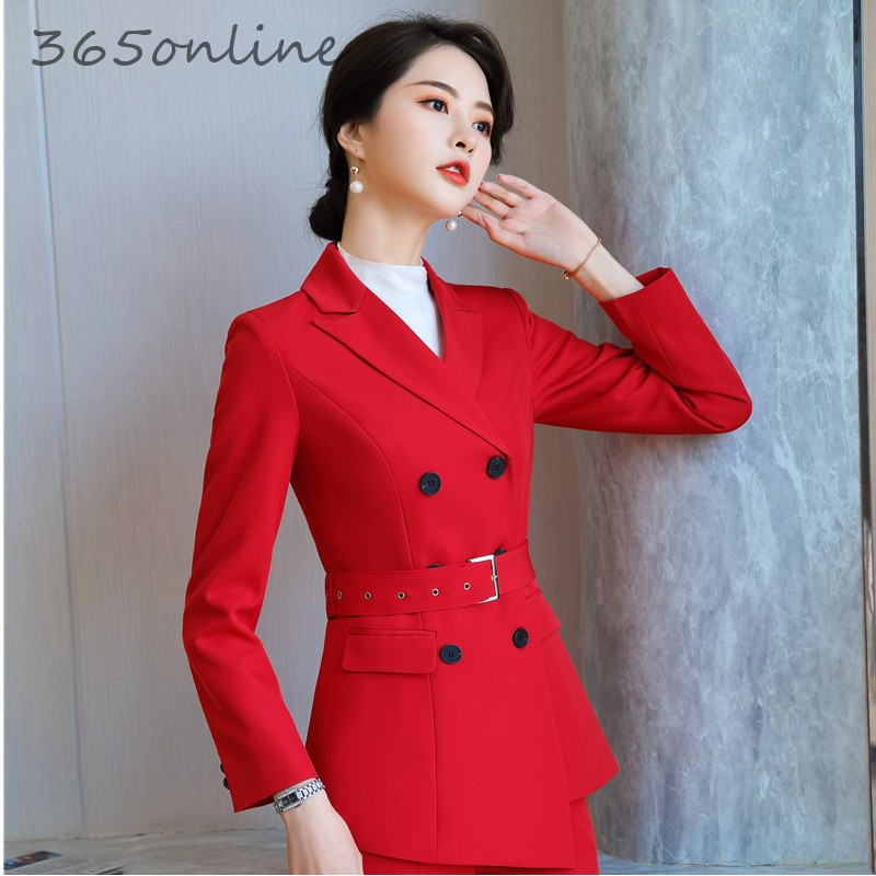 Noutate roșie formale profesioniste costume de afaceri pentru femei cu set 2 piese pantaloni și jachete haine doamne îmbrăcăminte de birou set de blazere