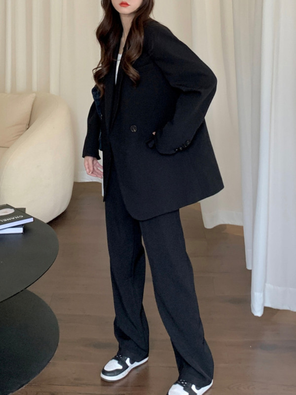 2022 Costum blazer pentru femei de birou, de afaceri, de modă coreeană, jachete vintage, pantaloni largi ocazional, set de 2 bucăți, costum de lucru șic pentru femei