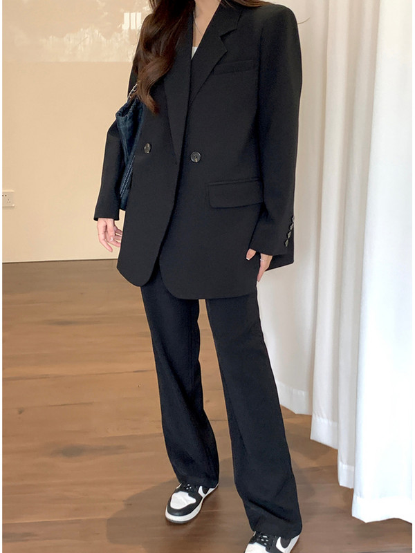 2022 Costum blazer pentru femei de birou, de afaceri, de modă coreeană, jachete vintage, pantaloni largi ocazional, set de 2 bucăți, costum de lucru șic pentru femei