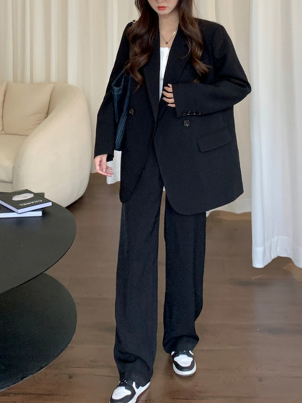 2022 Costum blazer pentru femei de birou, de afaceri, de modă coreeană, jachete vintage, pantaloni largi ocazional, set de 2 bucăți, costum de lucru șic pentru femei