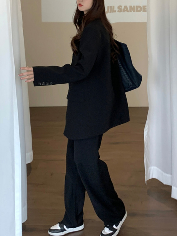 2022 Costum blazer pentru femei de birou, de afaceri, de modă coreeană, jachete vintage, pantaloni largi ocazional, set de 2 bucăți, costum de lucru șic pentru femei