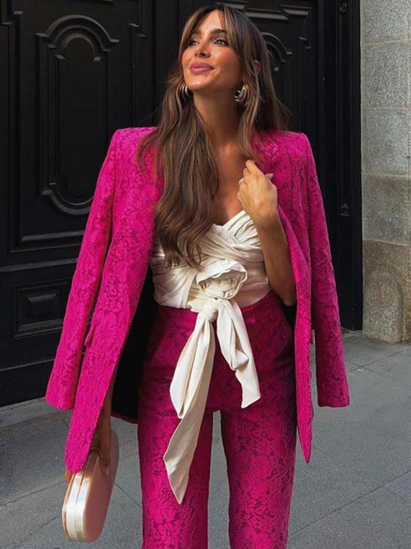 TRAF Costum de damă din țesătură din dantelă Blazer 2022 primăvară toamnă 2 buc ținute birou jachetă solidă + pantaloni cu fermoar îmbrăcăminte de bază cu pantaloni lungi