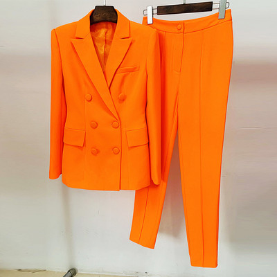 Seturi Blazer Pantaloni Portocaliu Fluorescent Toamna 2022 Noua Modă Dublu-Sânt Nasturi Pantaloni Office Poarta Costum Două Piese
