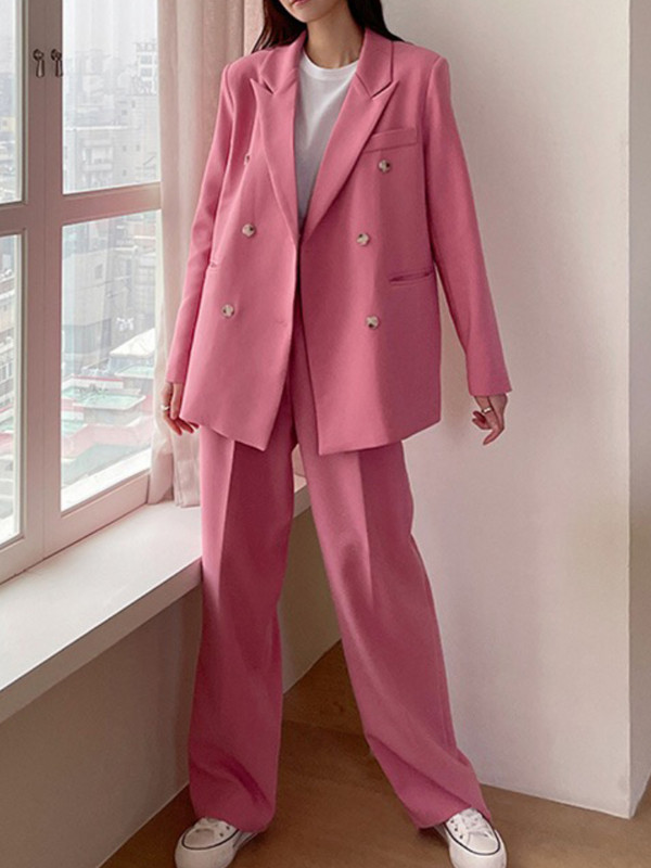 Moda coreeană de toamnă pentru femei, blazer roz, costum de birou, costum dublu, jachete, pantaloni casual, îmbrăcăminte exterioară pentru femei, topuri șic 2 buc.