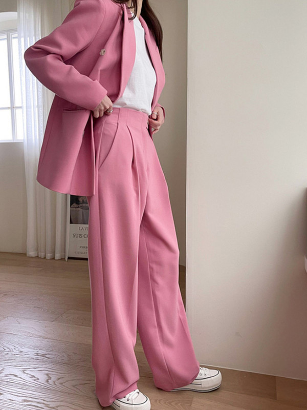 Moda coreeană de toamnă pentru femei, blazer roz, costum de birou, costum dublu, jachete, pantaloni casual, îmbrăcăminte exterioară pentru femei, topuri șic 2 buc.