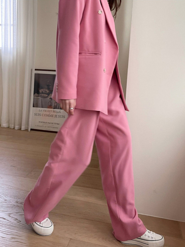 Moda coreeană de toamnă pentru femei, blazer roz, costum de birou, costum dublu, jachete, pantaloni casual, îmbrăcăminte exterioară pentru femei, topuri șic 2 buc.