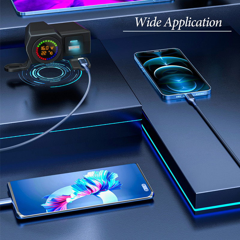 Adaptor pentru încărcător pentru ghidon de motocicletă, dublu USB digital, voltmetru, termometru pentru telefon mobil, tabletă, navigație GPS